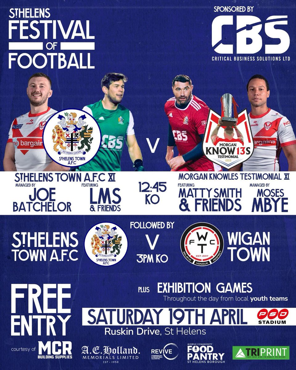 FESTIVAL OF FOOTBALL IS BACK | SAT 19 APRIL

🤩12:45PM
🔵⚪️ST HELENS TOWN AFC XI (managed Joe Batchelor, feat LMS) 🆚
🔴⚪️MORGAN  KNOWLES TESTIMONIAL XI (managed Moses Mbye, feat Matty Smith)

🏆3PM
ST HELENS TOWN AFC 🆚
WIGAN TOWN 

🎟️FREE ENTRY

📍<a href="/RentalPsd/">PSD Vehicle Rental</a>, Ruskin, WA10 6RP