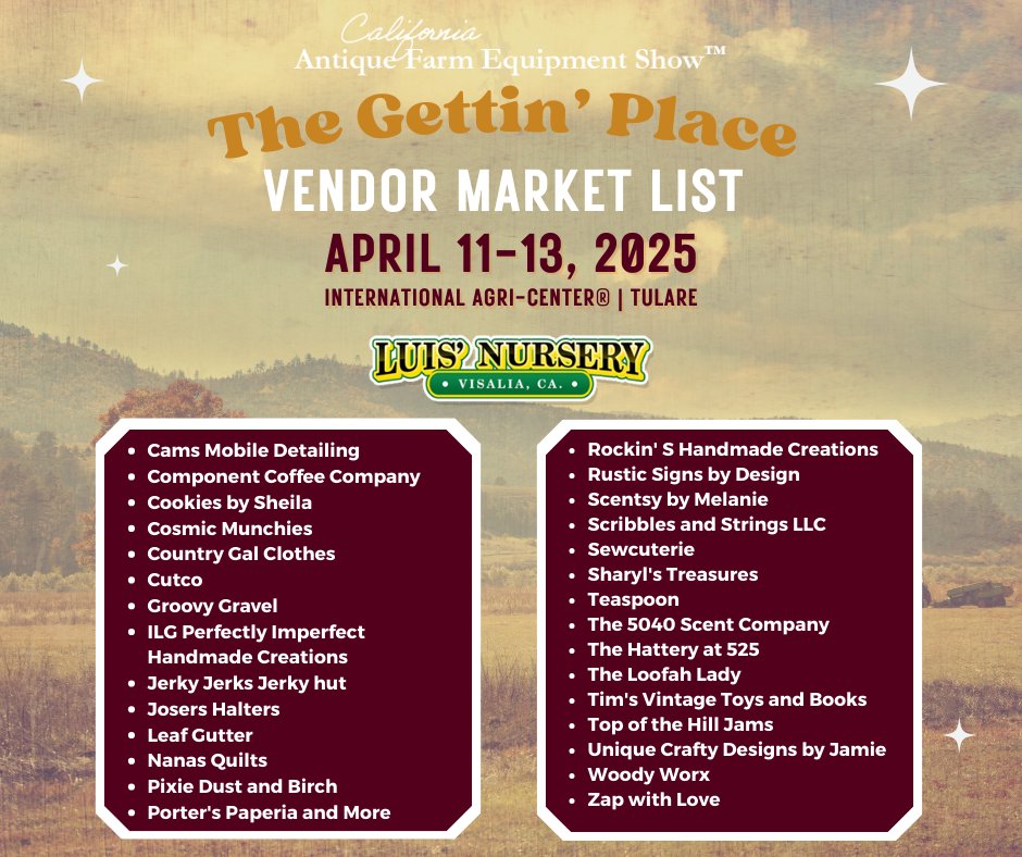 Check out all the fantastic vendors joining us this weekend at The Gettin' Place!

A huge thank you to Luis’ Nursery for adding a touch of spring to our event with your beautiful plants and greenery! 🌿🌸