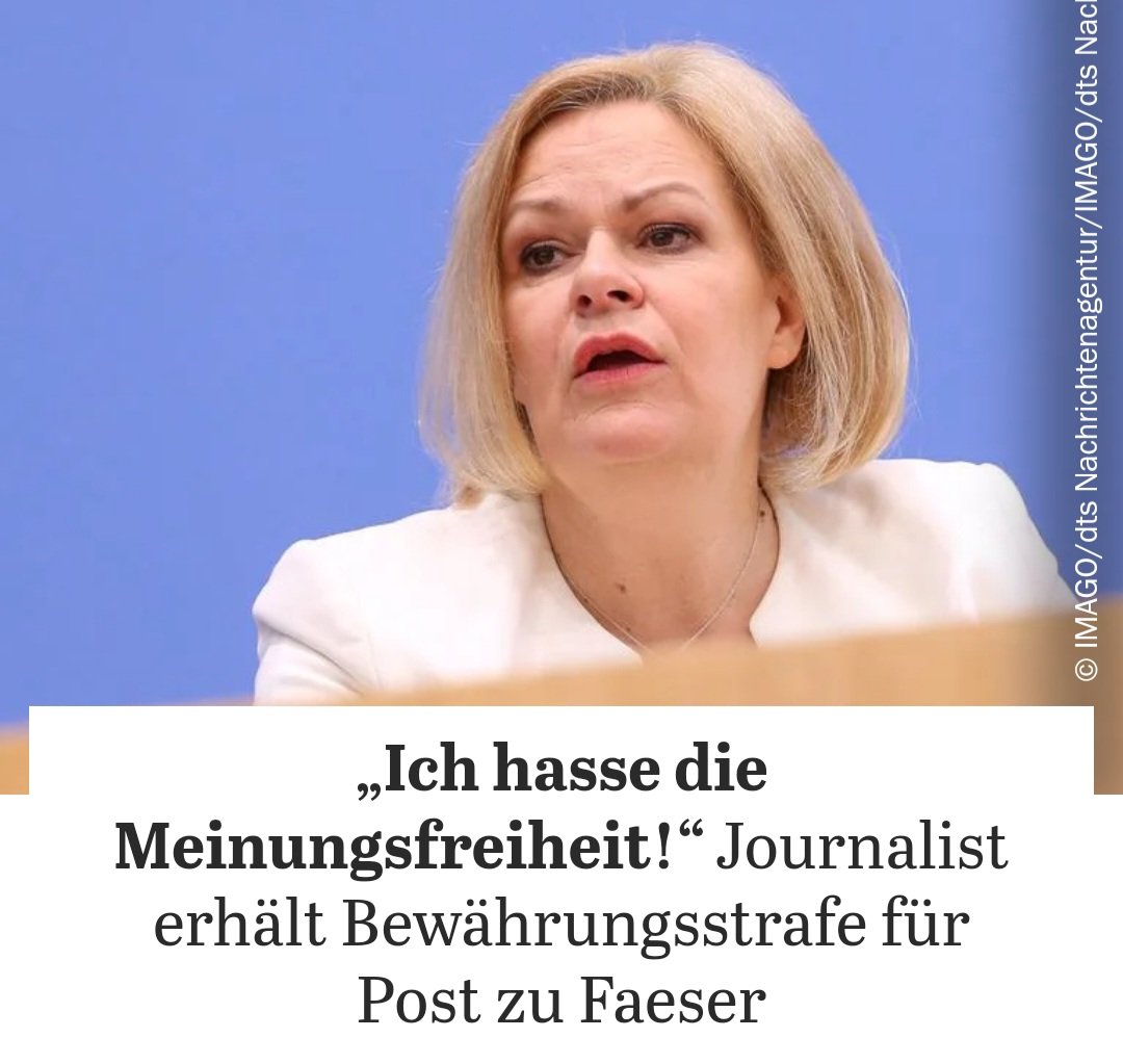 7 Monate Haft auf Bewährung für ein Meme? Der Fall #Faeser sagt viel aus über den Zustand der #Meinungsfreiheit in Deutschland. Eine liberale Gesellschaft muss Satire aushalten, insbesondere wenn sich diese gegen die Herrschenden richtet. Der Tatbestand der „Politikerbeleidigung“