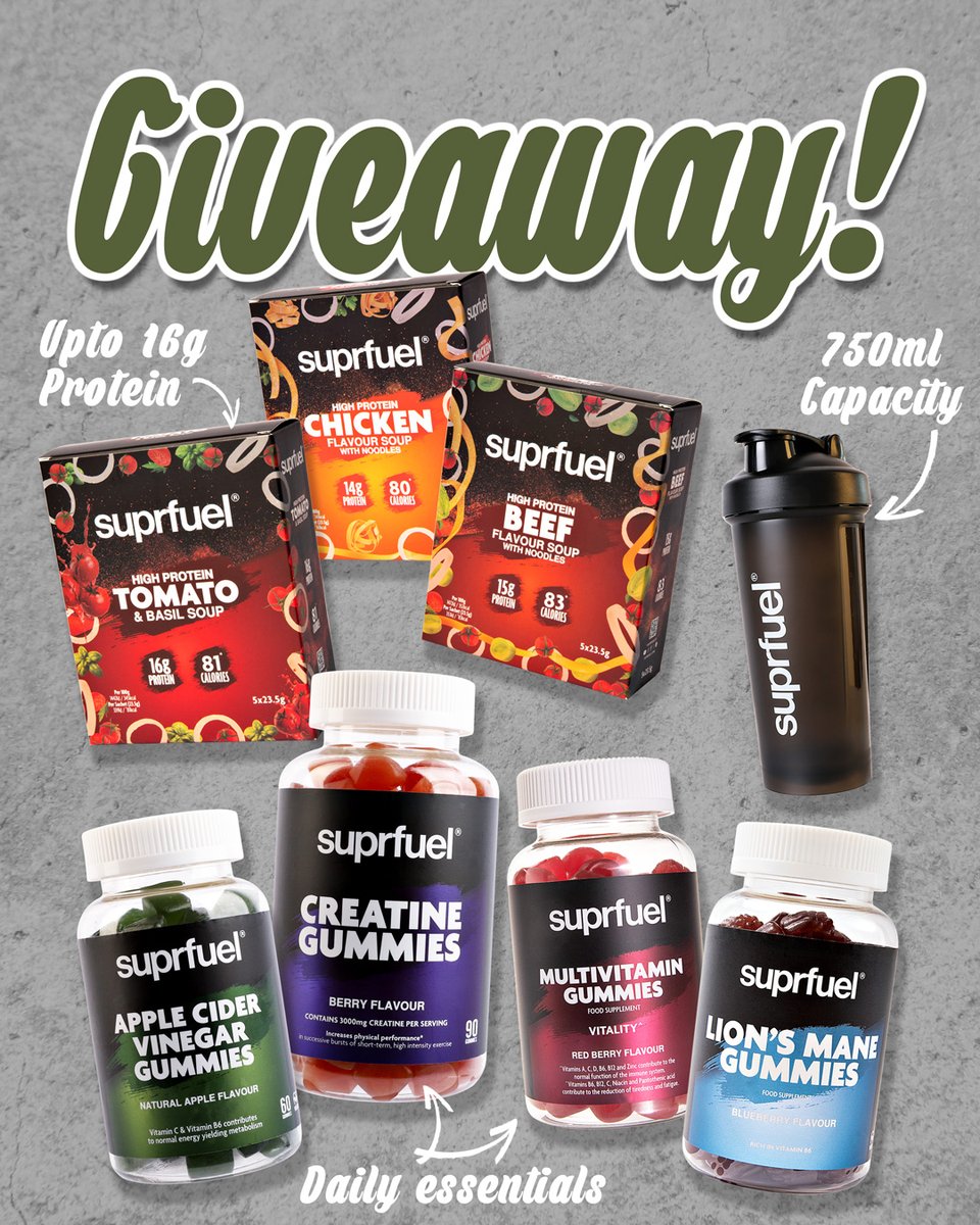 skinnyfoodco's tweet photo. 🎉 GIVEAWAY ALERT! 🎉⁠

Suprfuel Giveaway!  Win high-protein soups, daily essential gummies, and a 750ml shaker! 💪🔥
⁠
Good luck! UK entrants only and the winner will be announced on 16/04/25 🤩⁠ https://t.co/pjzBsMlmqU