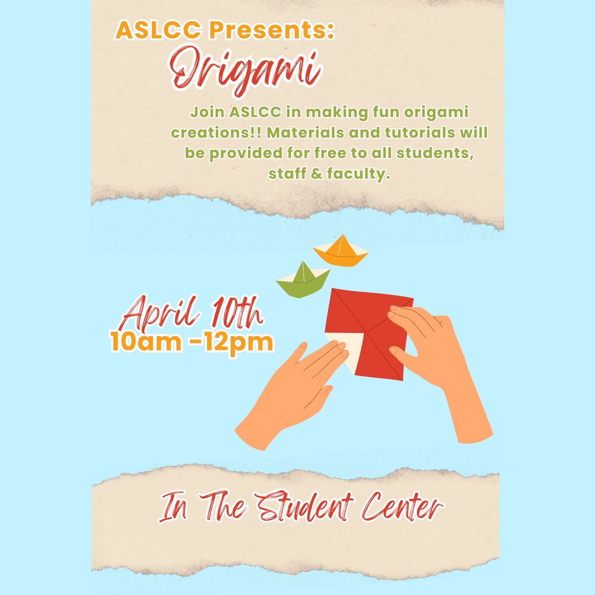 LowerCC's tweet image. Stop by the Student Center tomorrow, April 10th, from 10am-12pm and join ASLCC in making fun origami creations! Materials and tutorials will be provided free to students, staff, and faculty. #ASLCC #LCCevents #LowerColumbiaCollege #LowerCC