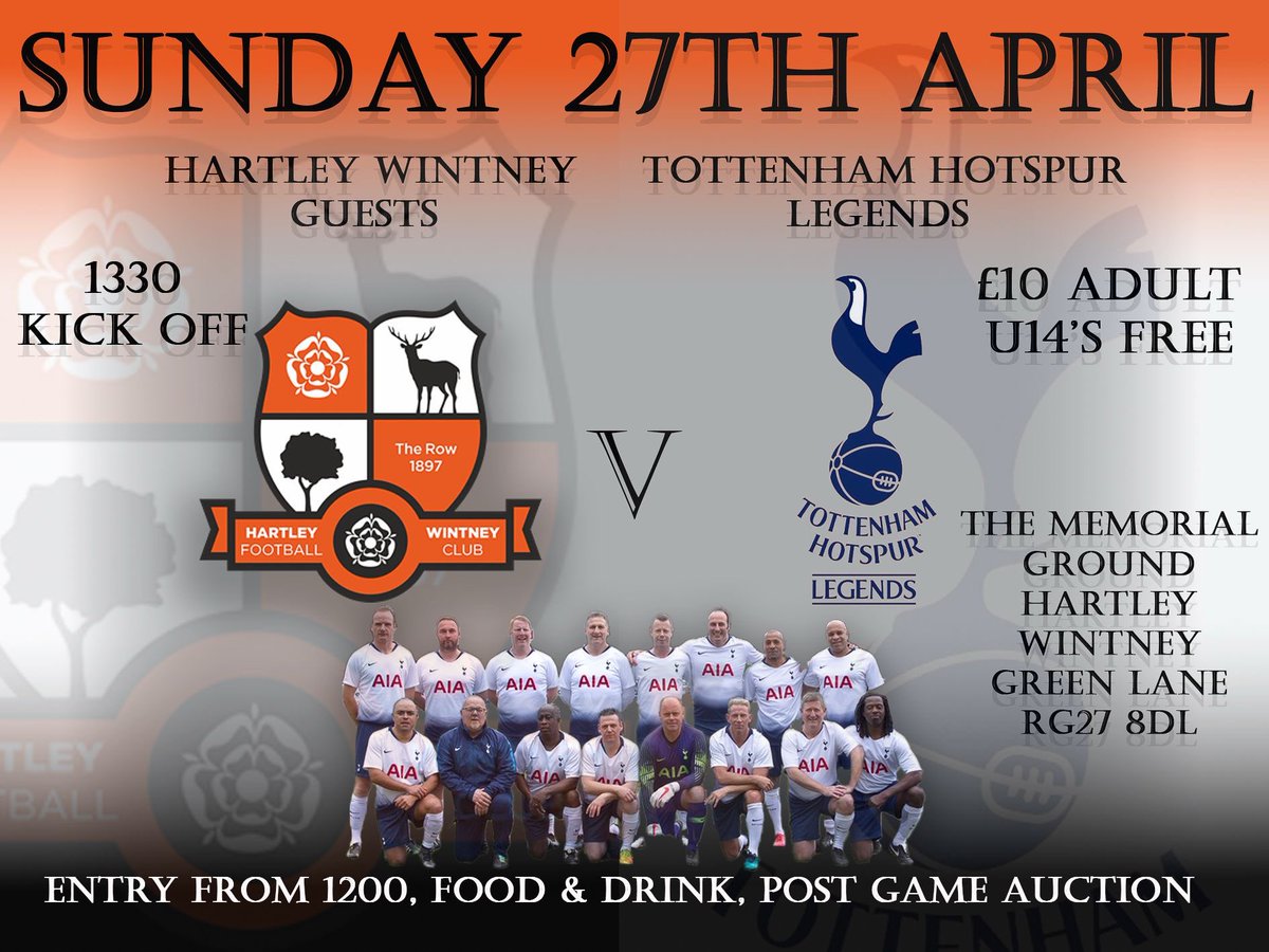 SPURS LEGENDS OFFICIAL (@legendsspurs) on Twitter photo On Sunday 27th April we visit Hartley Wintney FC,
KO 1.30pm at The Memorial Ground, RG27 8DL. Be great to see as many of you there supporting us all. โฝ๏ธโฝ๏ธโฝ๏ธโฝ๏ธ
<a href="/HartleyFC/">Hartley Wintney FC</a>
#spurslegends #football On Sunday 27th April we visit Hartley Wintney FC,
KO 1.30pm at The Memorial Ground, RG27 8DL. Be great to see as many of you there supporting us all. โฝ๏ธโฝ๏ธโฝ๏ธโฝ๏ธ
<a href="/HartleyFC/">Hartley Wintney FC</a>
#spurslegends #football