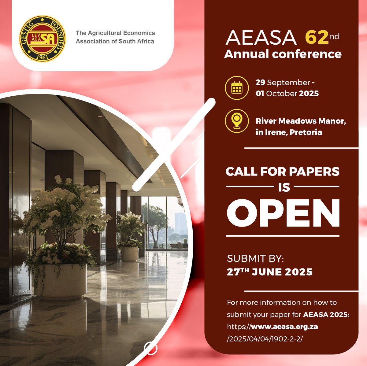 Agricultural Economics Association of SA (@aeasa_levsa) on Twitter photo You are invited to sumbit your paper for the 62nd Annual AEASA Conference!
For more info visit the AEASA website: aeasa.org.za/2025/04/04/190…
#AEASA2025 #Academia #AgriculturalEconomics
<a href="/NAMCsoeZA/">National Agricultural Marketing Council</a> <a href="/ARCSouthAfrica/">ARC South Africa 🇿🇦</a> You are invited to sumbit your paper for the 62nd Annual AEASA Conference!
For more info visit the AEASA website: aeasa.org.za/2025/04/04/190…
#AEASA2025 #Academia #AgriculturalEconomics
<a href="/NAMCsoeZA/">National Agricultural Marketing Council</a> <a href="/ARCSouthAfrica/">ARC South Africa 🇿🇦</a>