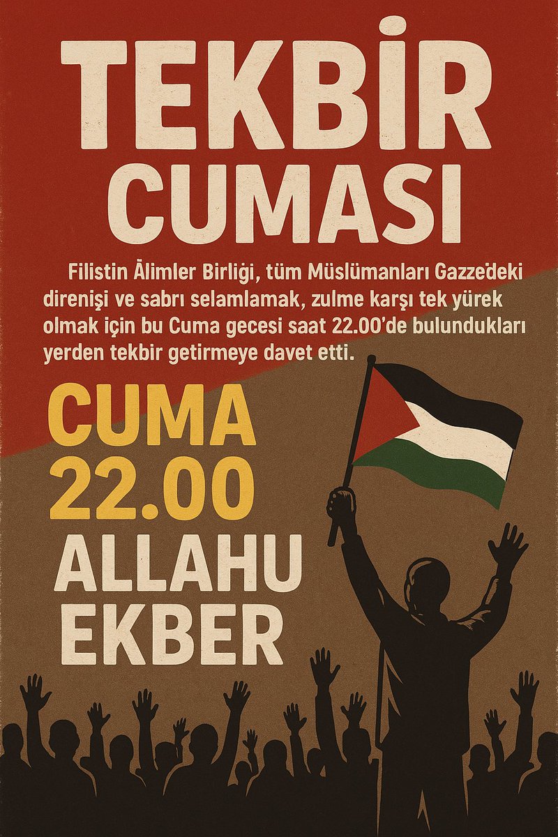 Yahya_Sinvar_'s tweet photo. Tekbir Cuması: 
Zulme Karşı Birleşen Yüreklerin Sesi

Ey Müslüman kardeşlerim,
Ey insanlığın vicdanına seslenenler,
Ey zulmün karşısında dimdik duranlar! 

Filistin Alimler Birliği’nin çağrısıyla bir araya geliyoruz. 

Cuma gecesi, saat 22.00’de, Gazzeli kardeşlerimizin direnişine selam durmak, sabırlarına şahitlik etmek ve zulme karşı tek yürek olmak için bir davet yükseliyor. 

Bu davet, yalnızca bir sesleniş değil;
Bu, ümmetin birleşme anıdır, dualarımızın gökyüzünde buluştuğu, tekbirlerimizin zalimlerin zulmünü titrettiği kutlu bir andır.

Gazze… Yeryüzünün en onurlu direnişinin yükseldiği topraklar… 

Orada kardeşlerimiz, her gün bombaların gölgesinde, açlığın ve susuzluğun pençesinde, ama imanlarının gücüyle ayakta duruyorlar. 

Onlar, sadece kendileri için değil, hepimiz için direniyorlar. Onların sabrı, ümmetin onurudur; onların cesareti, insanlığın umududur. 

Peki, bizler ne yapacağız? 
Sessiz mi kalacağız? 
Zalimin zulmüne göz mü yumacağız? 

Hayır! Bu Cuma gecesi, Gazzeli kardeşlerimizin yalnız olmadığını haykırmak için bir fırsattır. 

O gece, tekbirlerimizle zulmün karanlığını yırtacağız!

Filistin Alimler Birliği’nin çağrısı, hepimize bir sorumluluk yüklüyor. 

Bu, bir toplu ibadet çağrısıdır; bir sevda, bir kardeşlik, bir adalet çağrısıdır. 
Nerede olursanız olun, evinizde, caminizde, sokakta, bulunduğunuz yerden tekbir getirin. “Allahu Ekber!” diyerek Gazzeli annelerin gözyaşlarına ortak olun, çocukların haykırışlarına ses verin, direnen yiğitlerin imanına güç katın. 

Tekbir, sadece bir kelime değildir; o, Allah’ın büyüklüğünü zalimlerin yüzüne vuran bir silahtır. 
O, mazlumun duasını göklere taşıyan bir nidadır.

Ey ümmet-i Muhammed! Cuma gecesi, saat 22.00’de, hep birlikte tekbir getirelim. 
Kalplerimizi birleştirelim, ellerimizi semaya açalım, dualarımızla Gazze’ye bir rahmet bulutu gönderelim. 

Zalimler bilsin ki, bu ümmet uyanmıştır; mazlumun yanında, zalimin karşısındadır. 

Tekbirlerimiz, Filistin’in gökyüzünde yankılansın; direnişlerine kuvvet, sabırlarına bereket olsun.

Gelin,  Gazzeli kardeşlerimize “Sizi unutmadık!” diye haykıralım. 
Gelin, tekbirlerle ümmetin gücünü gösterelim.
Cuma gecesi, zulme karşı birleşen yüreklerin sesi olsun. 

Allahu Ekber! 
Allah mazlumların yar ve yardımcısıdır.
Bu kutlu davete icabet edelim, hep birlikte tekbir getirelim!