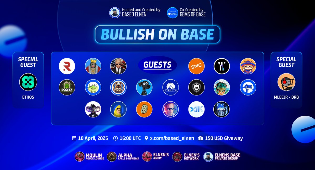 🎙BULLISH ON BASE 📈
🔹THURSDAY 10.4. 16:00 UTC ⌛️
💵GIVEAWAY -> 150 USD

🧾RULES 👇
1️⃣LIKE &amp; RETWEET.
2️⃣TAG 2 FRIENDS.
3️⃣FOLLOW <a href="/based_elnen/">Based Elnen</a>
4️⃣JOIN SPACES👉x.com/i/spaces/1ZkKz…

Special Guests🏆-> <a href="/Ethos_io/">Ethos.io</a> <a href="/MLeeJr/">mleejr</a> $DRB