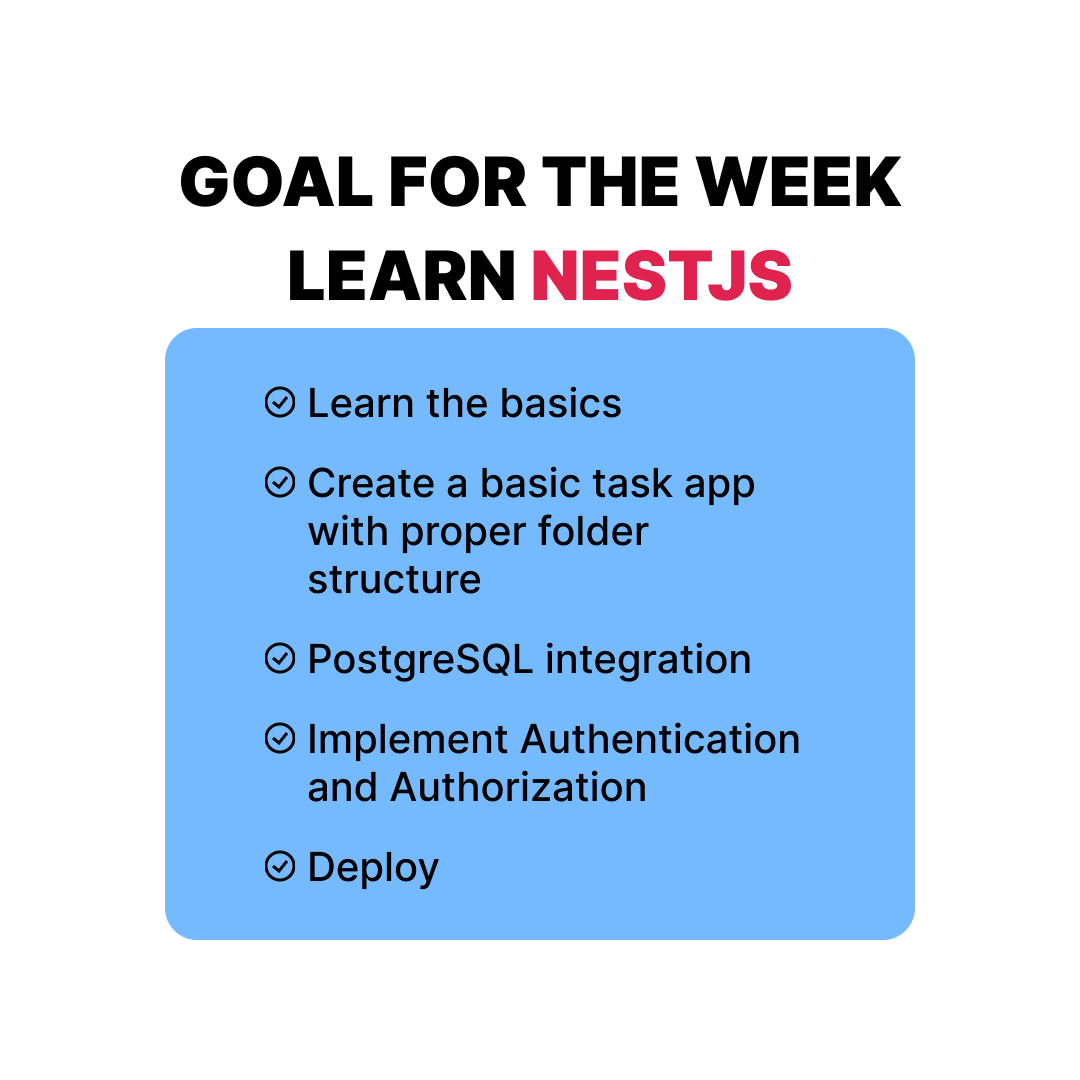 ankurdas1998's tweet photo. Leveling up my backend skills this week by diving into NestJS.
Here’s my goal roadmap — from learning the basics to deploying a task app with PostgreSQL, authentication, and a clean folder structure.
Let’s build 🚀
#NestJS #BackendDevelopment #NodeJS #WebDevelopment #DevJourney https://t.co/c3nV5AqWPf
