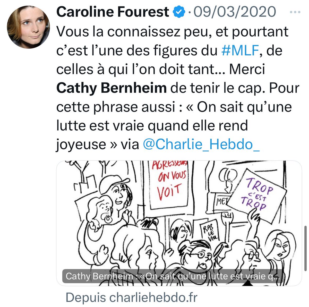 CarolineFourest's tweet photo. Adieu Cathy. Merci pour ton féminisme vivifiant, combatif, résilient, qui nous a montré la voie. D’avoir été cette pionnière du MLF, d’avoir co-écrit « l’hymne des femmes », signé le manifeste des 343 salopes, ferraillé avec humour contre le « sexisme ordinaire », d’avoir déposé cette gerbe mythique en hommage à la femme du soldat inconnu… Tu manqueras à nos luttes, rebelles et joyeuses.
👉 https://t.co/m5e6TR5DrG
👁️ https://t.co/XhdGdZ6x8p
