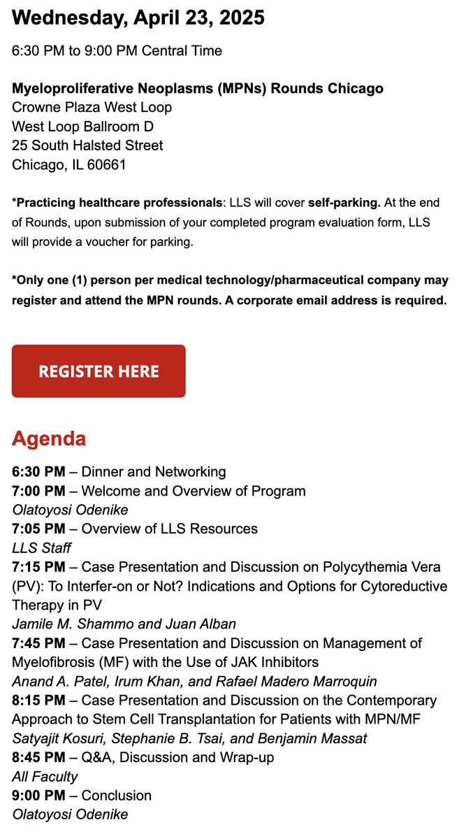 UChicago Leukemia Program (@uchicagoleuk) on Twitter photo reminder to join <a href="/LLSusa/">The Leukemia & Lymphoma Society</a> Chicago MPN rounds in 2 weeks on April 23rd! <a href="/myeloidmalig/">Toyosi Odenike</a> <a href="/Anand_88_Patel/">Anand Patel</a> <a href="/rafmadero/">Rafael Madero Marroquín</a> & Dr Satyajit Kosuri are all featured!
na.eventscloud.com/website/84171/ reminder to join <a href="/LLSusa/">The Leukemia & Lymphoma Society</a> Chicago MPN rounds in 2 weeks on April 23rd! <a href="/myeloidmalig/">Toyosi Odenike</a> <a href="/Anand_88_Patel/">Anand Patel</a> <a href="/rafmadero/">Rafael Madero Marroquín</a> & Dr Satyajit Kosuri are all featured!
na.eventscloud.com/website/84171/