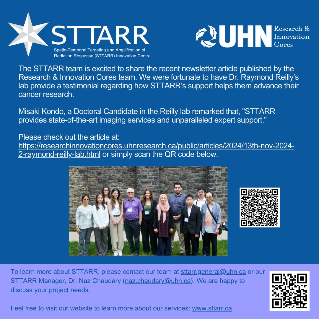 UHN Research & Innovation Cores (@coresuhn) on Twitter photo The STTARR team is excited to share the newsletter article published by the Research & Innovation Cores team where Dr. Raymond Reilly’s lab explains how STTARR’s support helps them advance their cancer research.
Please check out the article at: researchinnovationcores.uhnresearch.ca/public/article…. The STTARR team is excited to share the newsletter article published by the Research & Innovation Cores team where Dr. Raymond Reilly’s lab explains how STTARR’s support helps them advance their cancer research.
Please check out the article at: researchinnovationcores.uhnresearch.ca/public/article….