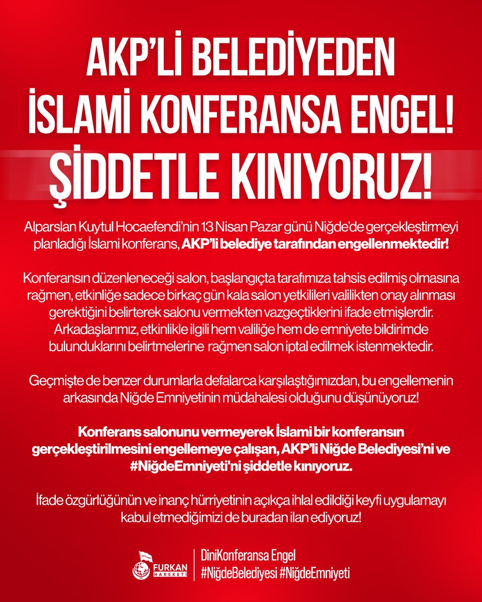 ismailatass's tweet photo. Bu sadece bir salon iptali değil; susturulamayan bir sesi bastırma çabası. Ama boşuna! Mızrak çuvala sığmıyor!Sesimizi yükseltmeye devam edeceğiz!

DiniKonferansa Engel
#NiğdeBelediyesi
#NiğdeEmniyeti https://t.co/fxAgf41lld