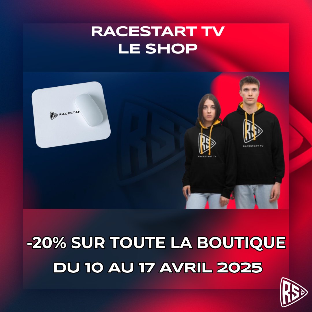 RaceStartTV's tweet photo. Souhaitez-vous vous mettre aux couleurs de la Race Start TV tout en nous soutenant ?

C'est le moment d'en profiter puisque dés demain au 17 avril 2025, il y a -20% sur toute  la boutique !

 De nombreux articles 100% personnalisables !

https://t.co/8sa6VNagtD

#rstv #simracing https://t.co/vjBeEYUxl0