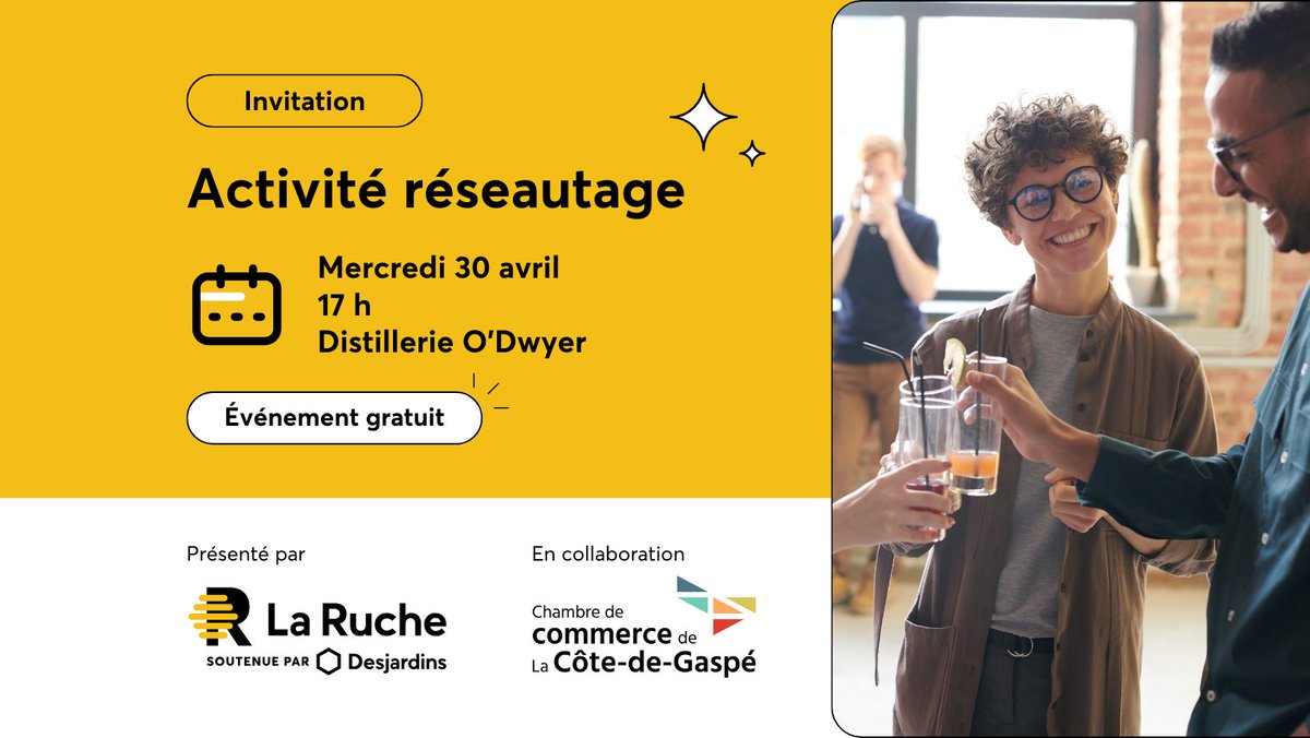 commercecdgaspe's tweet photo. Chambre de commerce de La Côte-de-Gaspé organise l’événement “Activité réseautage à Gaspé - La Ruche / Desjardins ”. N’hésitez pas à y assister le 30 avril. https://t.co/jU7U77lGwr https://t.co/APkTkgD9Rz