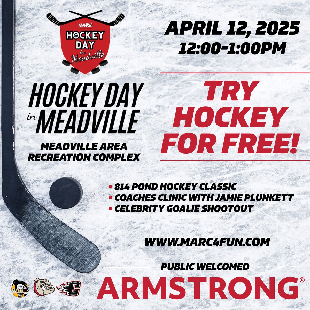 Have you ever wanted to try Hockey? Well this weekend you can! 🏒 

Join us THIS Saturday for the Meadville Area Recreation Complex Hockey Day in Meadville! 
🔹FREE Entry 
🔹Equipment and pads provided 
🔹Bring warm clothes and water bottle 

Learn More: bit.ly/42BUnyt