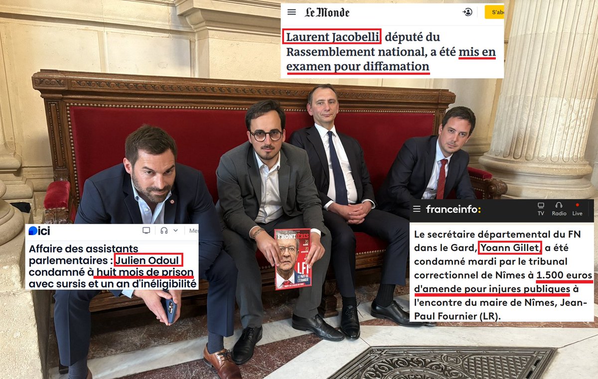 🚨Détournement de fonds publics, mise en examen, insultes, 

➡️Julien Odoul <a href="/JulienOdoul/">Julien ODOUL</a>, député RN, condamné pour détournement de fonds publics à 8 mois de prison avec sursis et 1 an d'inéligibilité

➡️Yoann Gillet <a href="/YoannGillet30/">Yoann Gillet</a>, député RN, condamné en 2015 à 1.500 euros