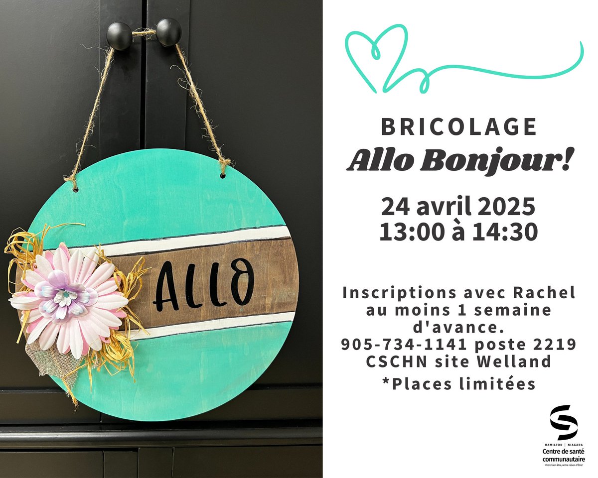 Bricolage : Allo Bonjour!
24 avril
13:00 à 14:30
CSCHN Welland
Inscriptions au moins 1 semaine d'avance
905-734-1141 X 2219

DIY: Allo Bonjour!
April 24
1:00 - 2:30 p.m.
CSCHN Welland
Register at least 1 week in advance
905-734-1141 X 2219
*This event will take place in French*