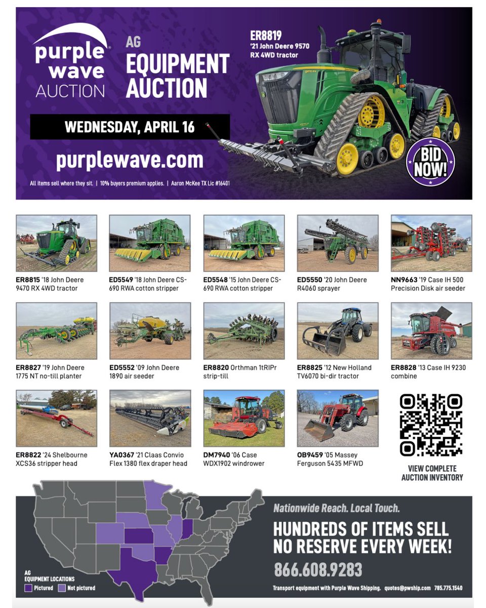 Harvest season starts here! On Wednesday, April 16, bid on a strong lineup of ag equipment, including harvesters, tractors, sprayers, and more. No reserves—get the equipment you need and place your bids now!
bit.ly/4ilItyf