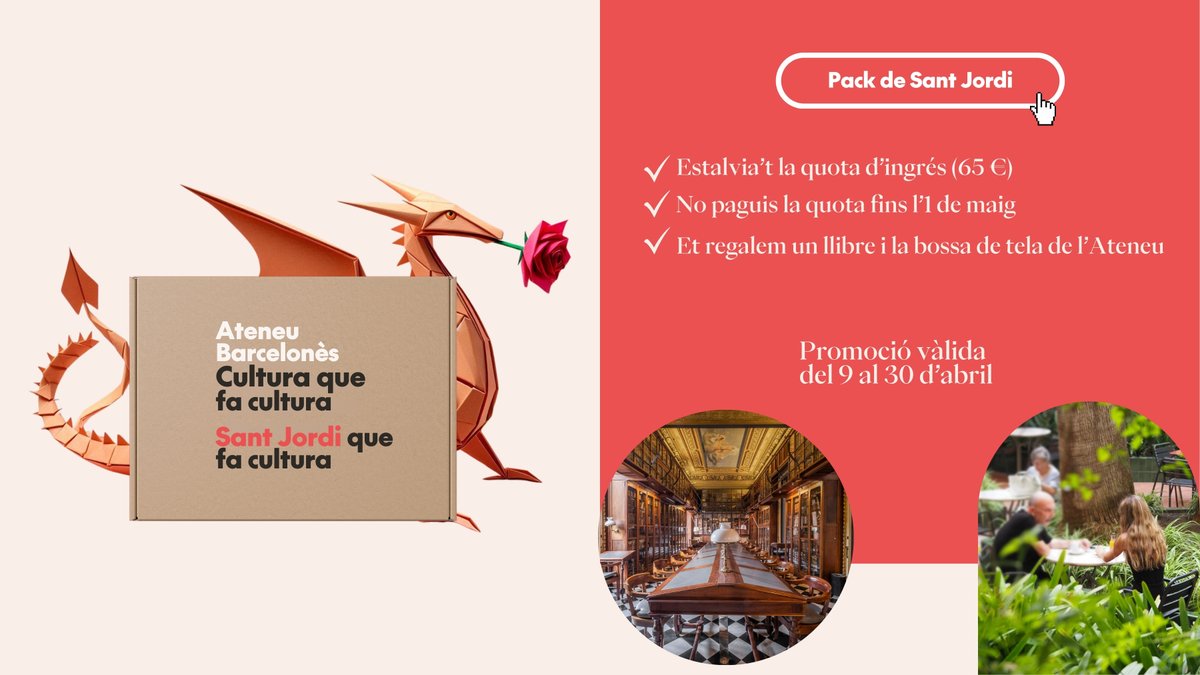 🌹 Per Sant Jordi, fes-te soci de l'Ateneu Barcelonès!

🐉 No paguis la quota d'entrada i comença a pagar a partir de l'1 de maig

🏛️ Comença a formar part d'una institució que fa més de 160 anys que treballa per la cultura catalana

culturaquefacultura.cat/regala-cultura…

#CulturaQueFaCultura