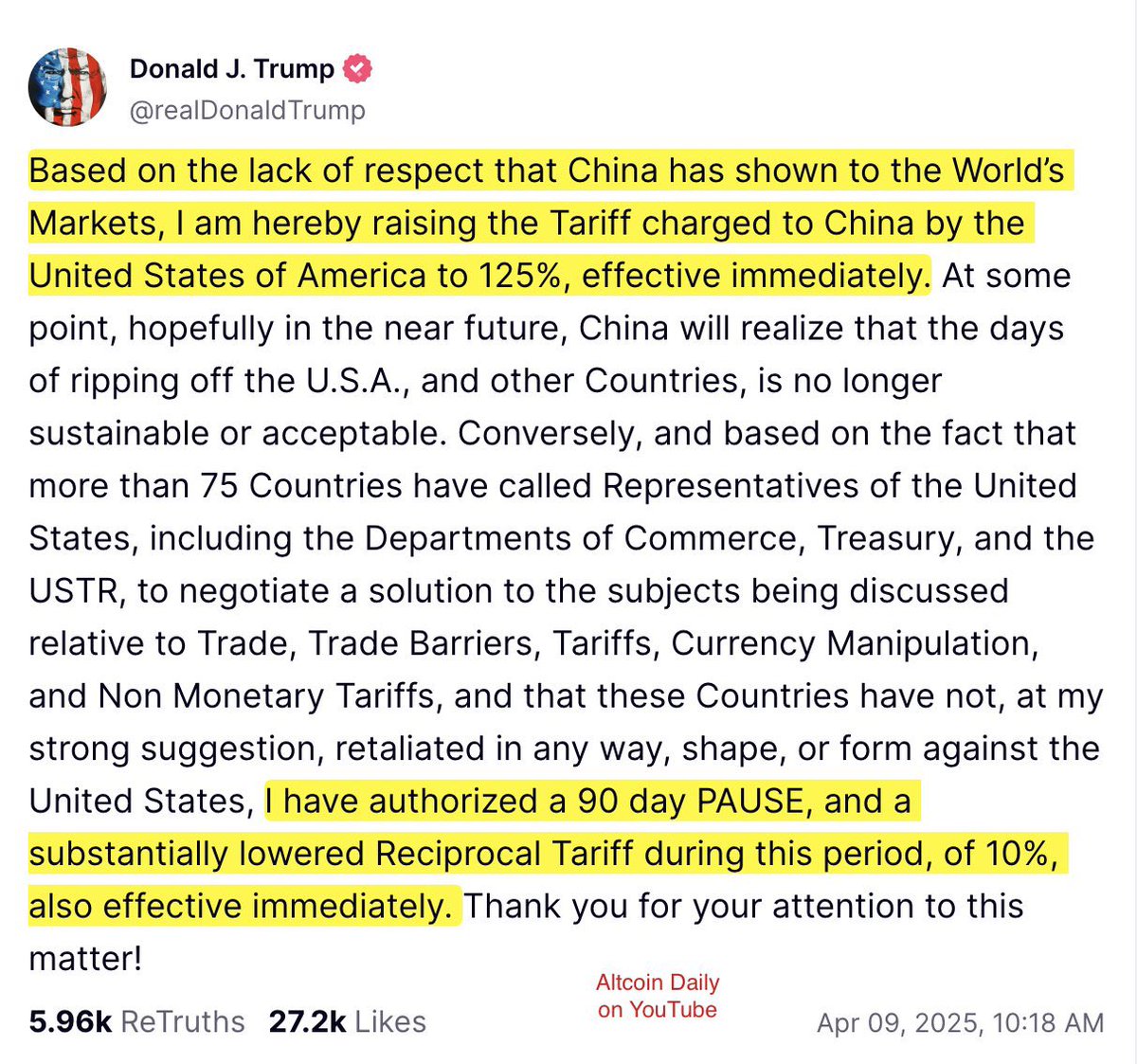 Trump issues 90 day pause on all #tariffs (except for China)
#Crypto  #Bitcoin #Trump