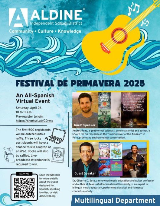 Danya Martinez, M. Ed (@danyamartinez15) on Twitter photo Don't miss out on this year's <a href="/AldineISD/">Aldine ISD</a> Festival de Primavera!
Register today using the QR code ❤️💙
<a href="/RaymondES_AISD/">Raymond</a> <a href="/JonesES_AISD/">Jones Elementary School</a> <a href="/OdomES_AISD/">Odom Elem AISD</a> <a href="/DunnES_AISD/">Dunn Elementary AISD</a> <a href="/ReedAcad_AISD/">Reed Academy for Engineering</a> @GreesptES_AISD <a href="/FrancisES_AISD/">Francis Elementary</a> <a href="/EckertES_AISD/">Eckert Elementary</a> Don't miss out on this year's <a href="/AldineISD/">Aldine ISD</a> Festival de Primavera!
Register today using the QR code ❤️💙
<a href="/RaymondES_AISD/">Raymond</a> <a href="/JonesES_AISD/">Jones Elementary School</a> <a href="/OdomES_AISD/">Odom Elem AISD</a> <a href="/DunnES_AISD/">Dunn Elementary AISD</a> <a href="/ReedAcad_AISD/">Reed Academy for Engineering</a> @GreesptES_AISD <a href="/FrancisES_AISD/">Francis Elementary</a> <a href="/EckertES_AISD/">Eckert Elementary</a>