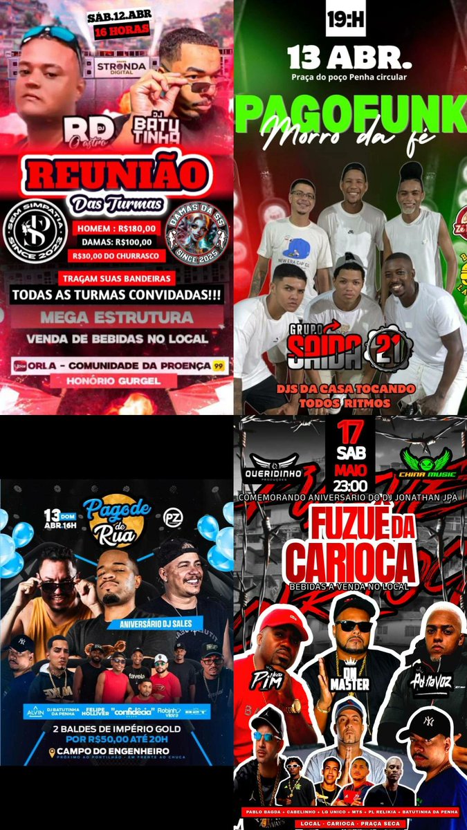 Segue a minha agenda de eventos ..

Sábado festa privada 
Depois sábado tbm 
Encontro de turmas Proença rosa

Domingo .. pagode de rua 
Engenheiro pedreira.. primeira vez lá

Domingo pagofunk da fé 

Sábado dia 17 .. pela primeira vez 
No morro da barão.. 

Vamboraaa
