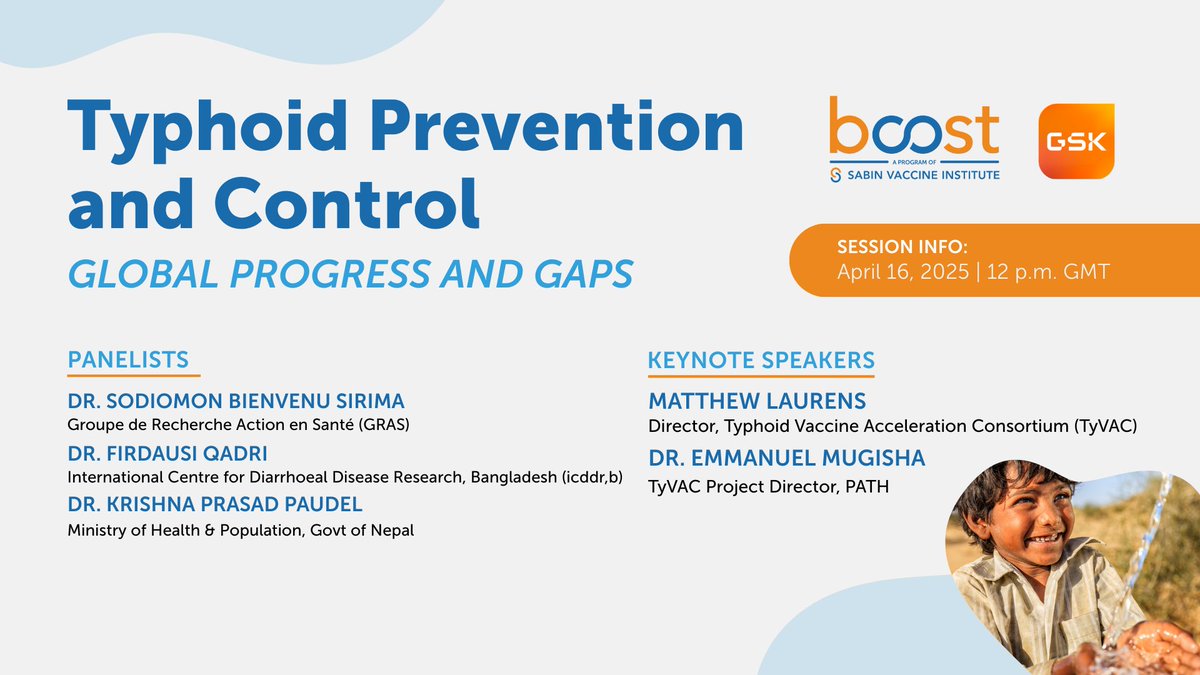 sabinvaccine's tweet image. Don't forget to join our Boost Community and @GSK for an April 16 webinar on the latest advancements and challenges in #typhoid prevention and control worldwide.

Panelists and speakers will discuss:
✅ Progress in typhoid prevention and control globally
✅ Lessons learned from