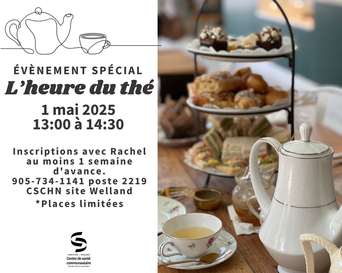 Heure du thé
1 mai
13:00 à 14:30
CSCHN Welland
Inscriptions au moins 1 semaine d'avance
905-734-1141 X 2219

Tea Time
May 1
1:00 - 2:30 p.m.
CSCHN Welland
Register at least 1 week in advance
905-734-1141 X 2219
*This event will take place in French*