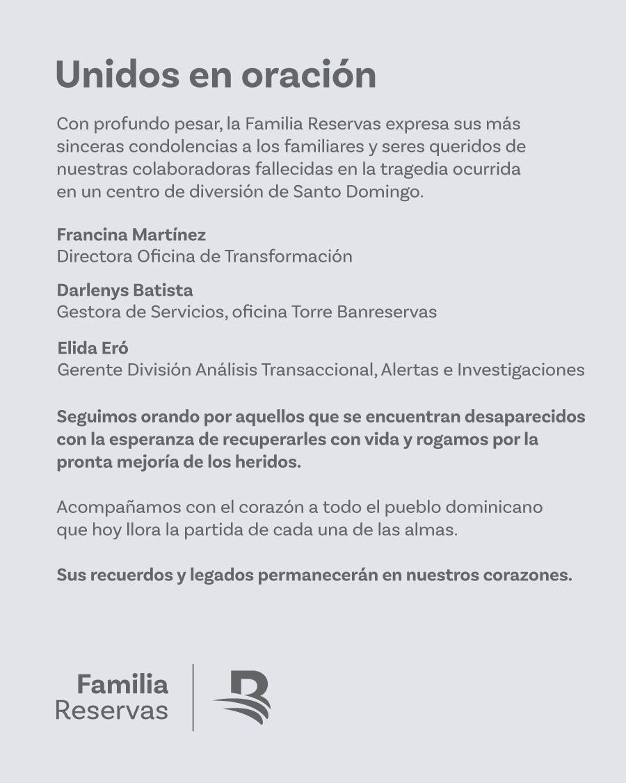 BanreservasRD's tweet photo. Lamentamos profundamente el fallecimiento de nuestras colaboradoras, sus recuerdos y legados permanecerán siempre en nuestros corazones.

Nos mantenemos esperanzados por aquellos que aún permanecen desaparecidos.

Paz a sus almas. https://t.co/y8RljCO2Dt