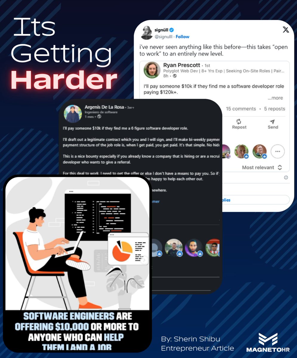 MagnetoHr's tweet photo. 🧵It’s Getting Harder to Get Hired — and We’re Doing Something About It.

Let’s talk about what’s happening in the job market right now — and why some professionals are literally offering $10,000 just for a referral. 👇
.
@poweredbygala @LFGincorporated