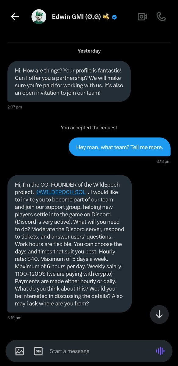 sm01chad's tweet photo. Another hacker tried to get me!!!

So, this random account slides into my DMs. I never come across this person’s account, but strangely, we have a bunch of mutuals who usually have great taste. Oh wow, he's a KOL(Idolo), it would seem. 

BTW, one easy way to spot scams? If they’re not followed by anyone you actually trust (your mutuals), that’s already a red flag. This is also applicable when researching on if a project will cook or not.

I was intrigued but cautious, so I replied briefly. Then came the offer and it was screamed “sus.��

Instantly, I hit up some of our mutual followers to ask if his account had been hacked. And guess what? They confirmed it.

See, this is where a lot of people might get caught slipping. You see 40,000 followers and think, “He must be legit.” But nah — numbers mean nothing if the vibes are off. You’ve gotta learn to read between the lines.

Funny enough, he didn’t even post about being hacked until 10 hours later… but I’d already figured it out. Why? Because I trust my gut and I always double-check. 

Read the room always; all the conditions may be met, but just that one thing that you chose to ignore may be the sign. 

Had it even been someone I know, I would still dm the person on another platform just to confirm they’re the ones. 

Please, please stay safe out there. Don’t lose your hard-earned money to some lazy scammer fishing for a quick score. Be smarter than the scam. 

I’m gonna drop a link to my thread on hacks and preventive measures: https://t.co/S9oWRy4enZ

PS: I tweeted about an alpha-packed thread today. This is not it, lol. 

Rt for others to learn, sky is big enough for everyone!