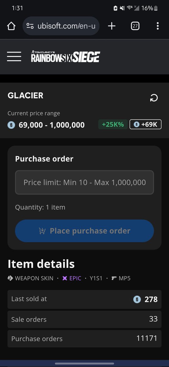 Kiyxs's tweet photo. Glacier MP5 jus sold for 278. How does an almost $700 skin get sold for under $3 #R6 #R6Community #r6siege #RainbowSixSiege https://t.co/SnF2L5CP1D