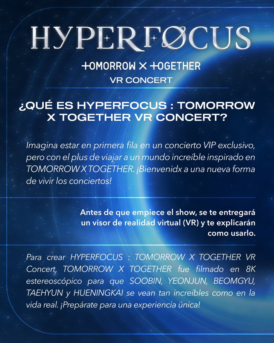 ocesa_kpop's tweet photo. Si te estás preguntando qué es HYPERFOCUS : TOMORROW X TOGETHER VR CONCERT en este post puedes encontrar información detallada.🩵🥽
#TOMORROW_X_TOGETHER #TXT
#TXT_VRconcert #VRConcert #AmazeVRConcert #TXTMexico https://t.co/TZnx4KoD2A