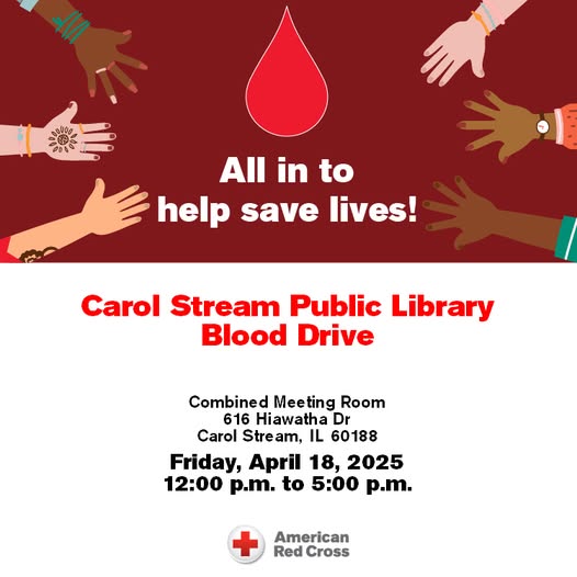 Red Cross and the Carol Stream Public Library are teaming up to save lives with a Blood Drive and we need your help! The Blood Drive will be held in the Library’s meeting room. A photo ID is required to donate. Register or walk-ins are welcome.
cslibrary.org/event/red-cros… #DuPage