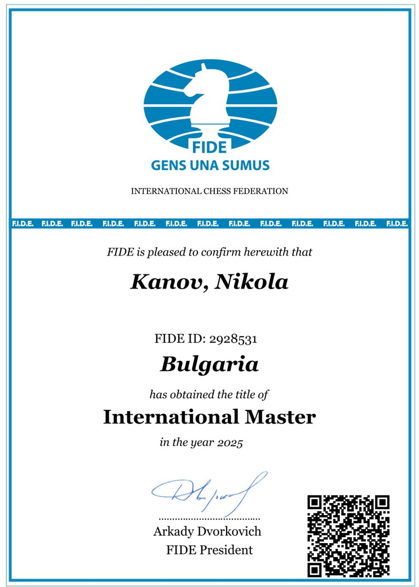 NikolaKanov's tweet photo. After achieving my final IM norm in December, I’m happy to share that I’ve been officially awarded the title of International Master. Super excited to keep working hard, improving my game, and aiming for the next goal - Grandmaster. 😃♟️ https://t.co/maVF69Qy38