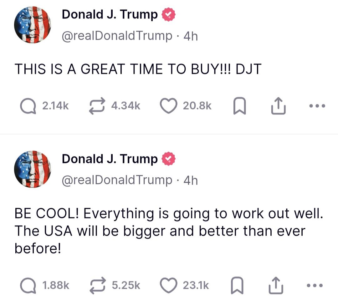 Trump najlepszym callerem w historii?

4 godziny temu <a href="/realDonaldTrump/">Donald J. Trump</a> na Truth Social napisał, że to dobry moment na skup dipa.
Wielu po ostatnim callu $ETH Erica Trumpa kręciło nosem...

A tu proszę – pauza ceł, rynek reaguje, a Trump trafia w idealny dip.

Czyżby właśnie dał