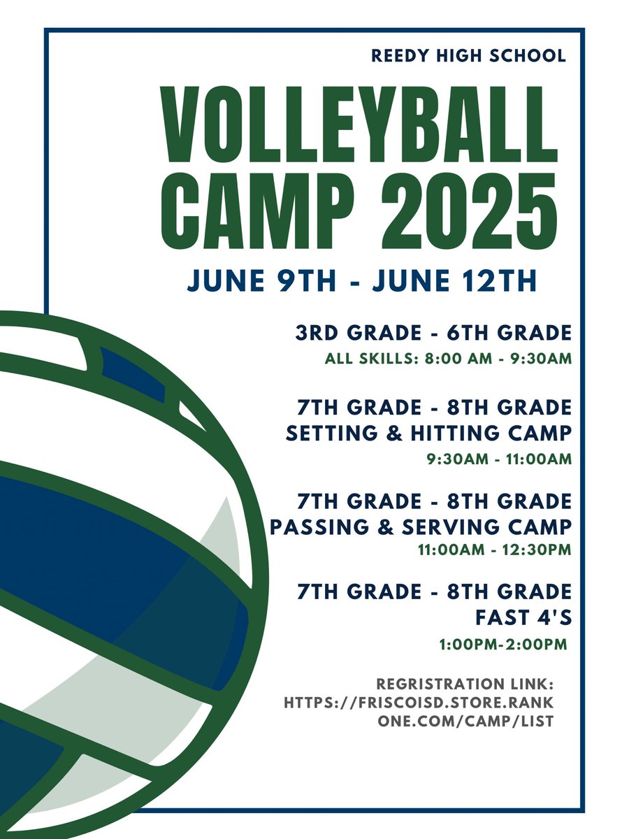 🚨VBALL CAMP 2025!!🚨 The time is near! Use the link below to sign up for camp! We can’t wait to see all of you and have so much fun! 💚🦁💙
friscoisd.store.rankone.com/camp/list