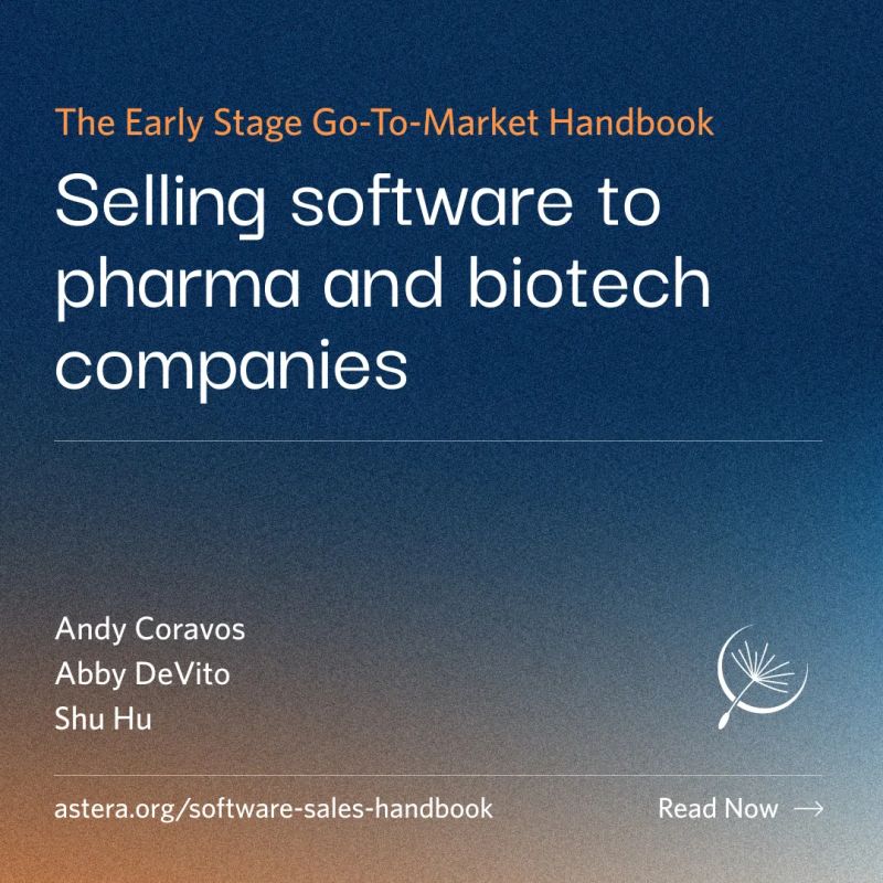 Astera Institute (@asterainstitute) on Twitter photo If youāre building software for biopharma, understanding how to sell is just as critical as understanding the tech.
<a href="/AndreaCoravos/">Andy Coravos</a>, <a href="/AbbyDeVito15/">Abby DeVito</a>, and Shu Hu wrote the sales handbook they wish they had, packed with hard-won lessons on navigating orgs, pricing, and contracts. If youāre building software for biopharma, understanding how to sell is just as critical as understanding the tech.
<a href="/AndreaCoravos/">Andy Coravos</a>, <a href="/AbbyDeVito15/">Abby DeVito</a>, and Shu Hu wrote the sales handbook they wish they had, packed with hard-won lessons on navigating orgs, pricing, and contracts.