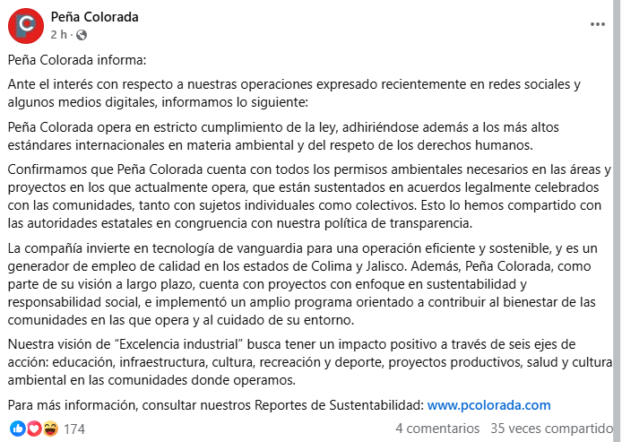 Tras el derribo de decenas de árboles en Minatitlán, Colima, la minera Peña Colorada asegura que "opera en estricto cumplimiento de la ley".

"Peña Colorado cuenta con todos los permisos ambientales necesarios en las áreas y proyectos en los que actualmente opera, que están