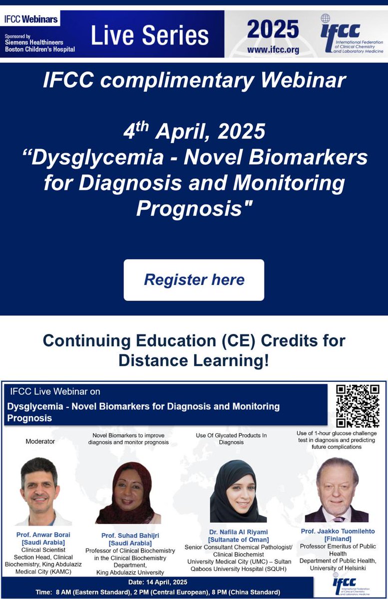 sa_SSCC's tweet image. يسر الجمعية السعودية للكيمياء السريرية بالمشاركة مع الاتحاد الدولي للكيمياء السريرية الإعلان عن ندوة إلكترونية بعنوان:

“Dysglycemia - Novel Biomarkers for Diagnosis and Monitoring Prognosis"

🗓١٤ ابريل ٢٠٢٥
⏰٣ مساء بتوقيت السعودية

للتسجيل:

g8h0x.emailsp.com/f/rnl.aspx/?lk…