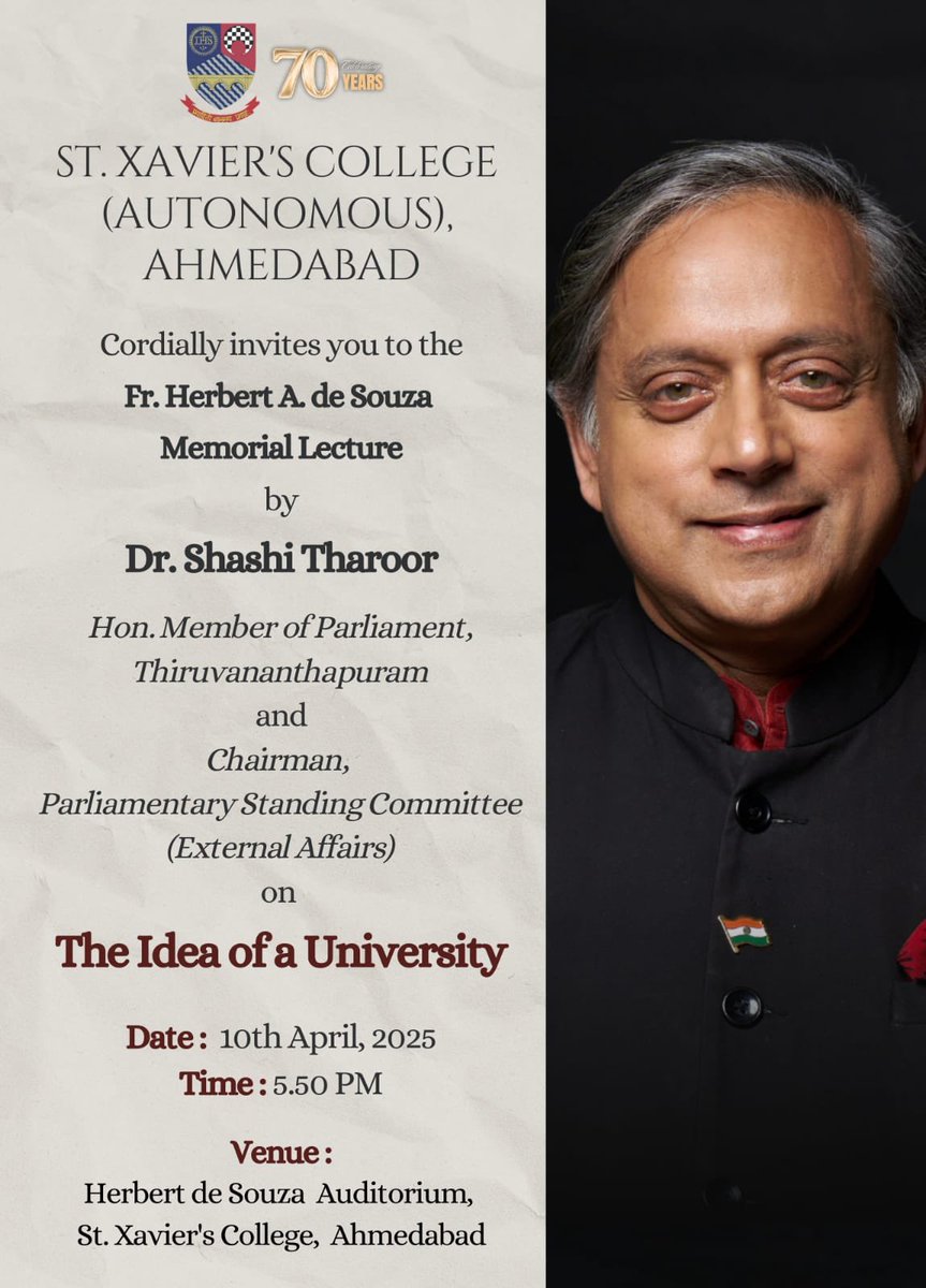 ShashiTharoor's tweet photo. Calling Ahmedabad and any interested Amdavadis to St Xavier’s College Thursday evening! https://t.co/YVCeZps4nK