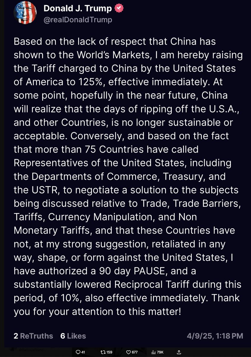 125% tariffs on China, and 10% on all other countries for now. This is total chaos. It's entertaining, kind of, but most disruptive for the global economy, and this will be extremely costly for the US. Who in their right mind would consider any significant investment in this