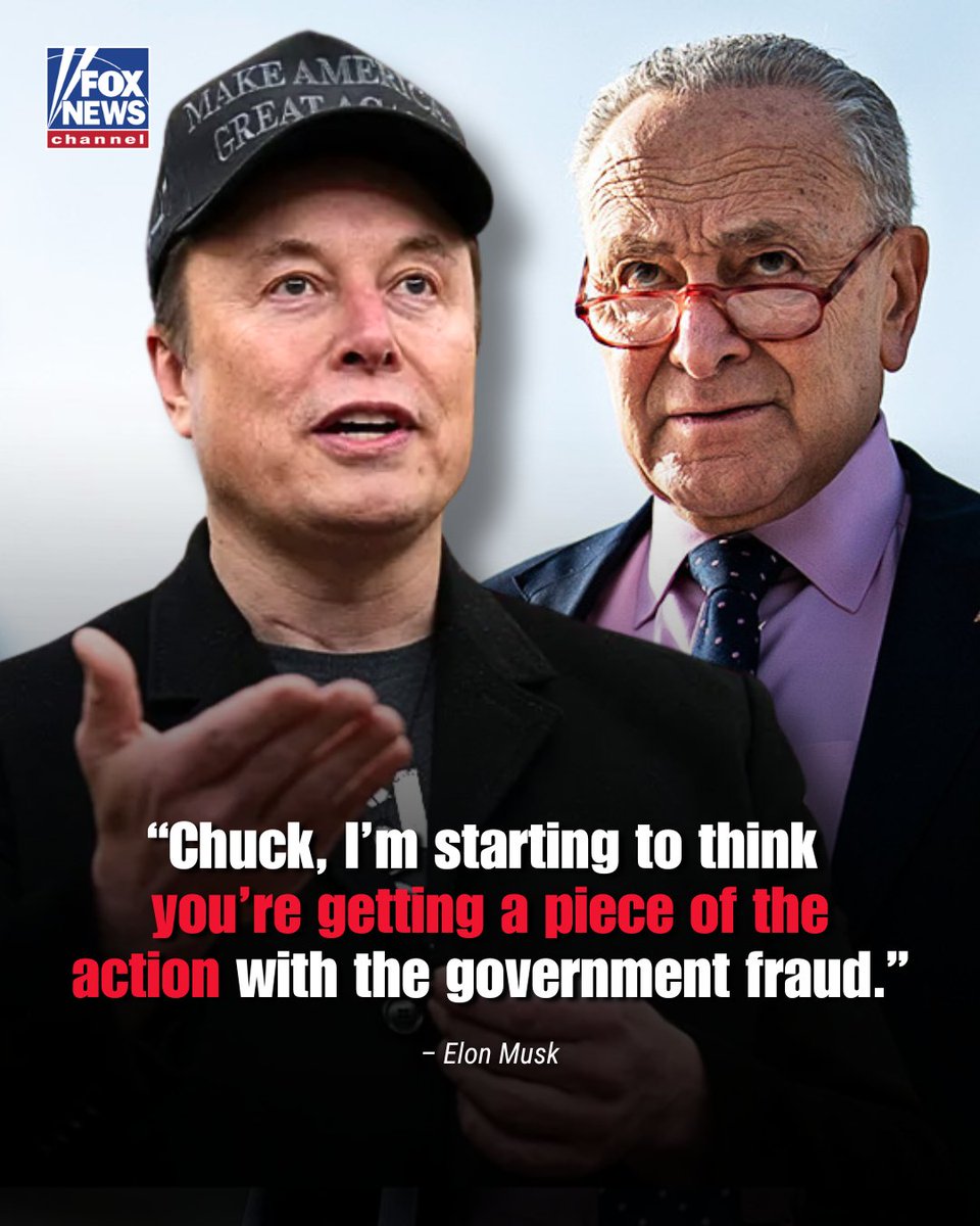 FoxNews's tweet photo. 'CHUCKS' AND BALANCES: @elonmusk accuses @SenSchumer of profiting from government fraud after the senator hurled allegations against @DOGE, asking the top Democrat, "that couldn't possibly be the reason, could it?" https://t.co/3Zxppdb3bx