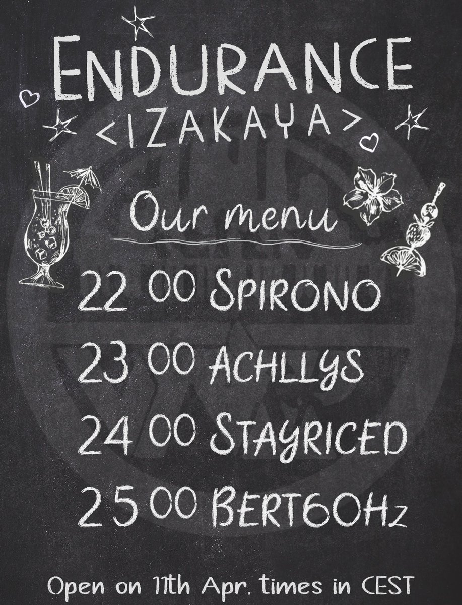 ⚡️VTVR ENDURANCE 028⚡️
🚨HARD DANCE FRIDAYS🚨

🌟DJs
✨<a href="/spirono_/">spiro</a>
✨<a href="/Achllly/">Achllys</a>
✨<a href="/stayriced/">stayriced</a>
✨<a href="/bert60hz/">Bert</a>

▶️FRIDAY
⏯️11/04

🌐2000UTC

🇬🇧2100BST
🇪🇺2200CEST

🇺🇸1200PDT
🇺🇸1500EDT

🇯🇵0600(+1Day)JST

🛜DISCORD.GG/VTVR

🎨poster by VM