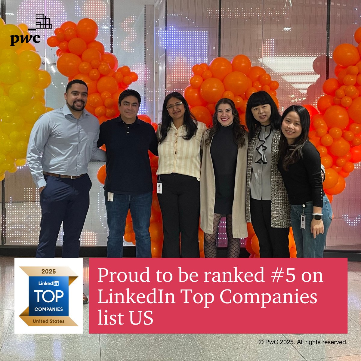 We’re thrilled to be named #5 on the 2025 LinkedIn Top Companies list. We’re committed to fostering a workplace where all our people, from interns to partners, can grow, innovate and thrive. Interested in a career with PwC? Check out our open positions: pwc.to/42r2rB5