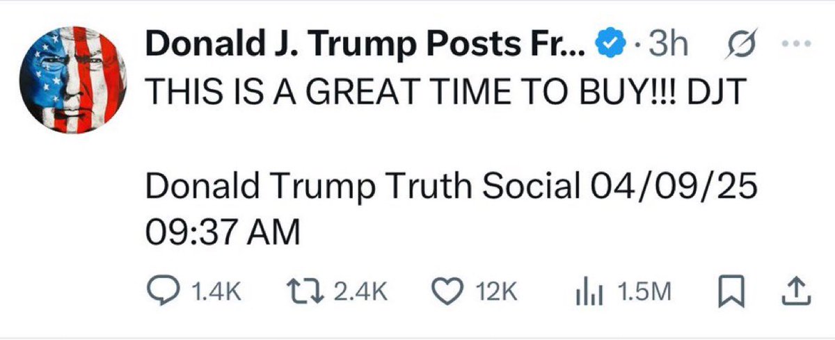 4) this was sent by Trump ~3 hours before the 90 day tariff pause.  Veiled insider info for his friends on Truth Social…. The “DJT” signature makes it purposefully his post.