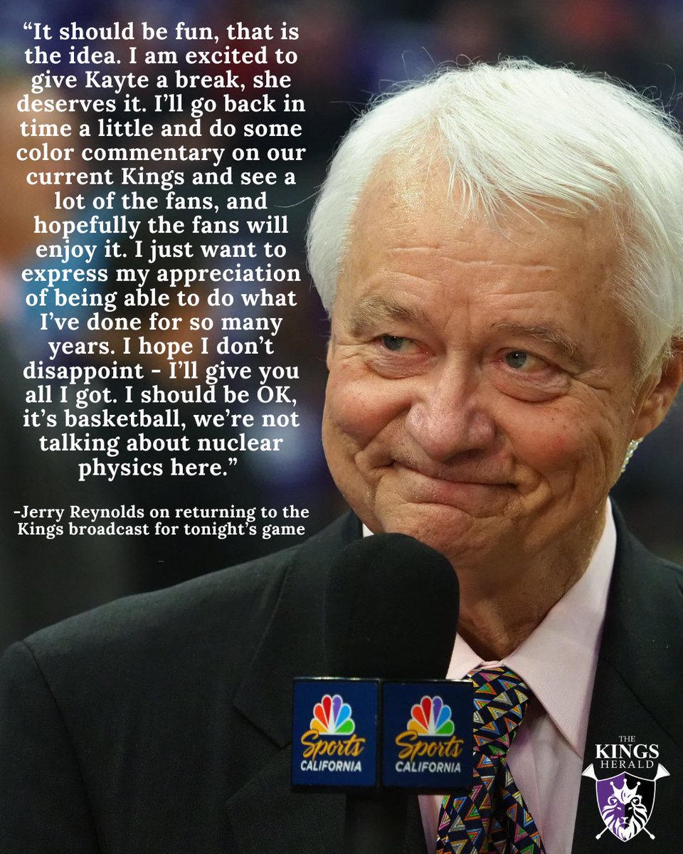 thekingsherald's tweet photo. Jerry Reynolds on returning to the Kings broadcast tonight for one game. 👑💜

Photo Credit: Kelley L Cox-Imagn Images https://t.co/JlogxytGEN
