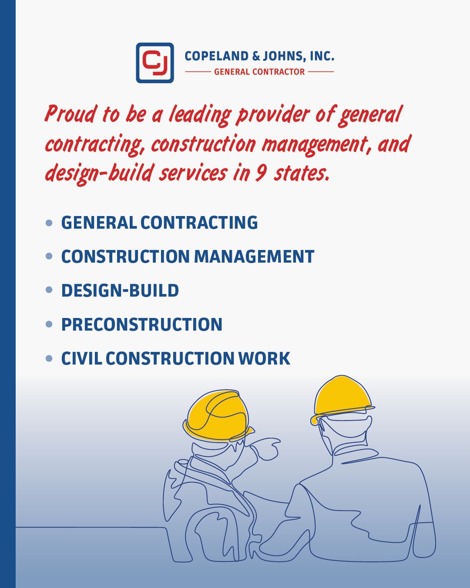 Copeland &amp; Johns is proud to be a leading provider of general contracting, construction management, and design-build services in 9 states! 

Ready to talk about your next construction project? Learn more about our services at copelandandjohns.com/services/