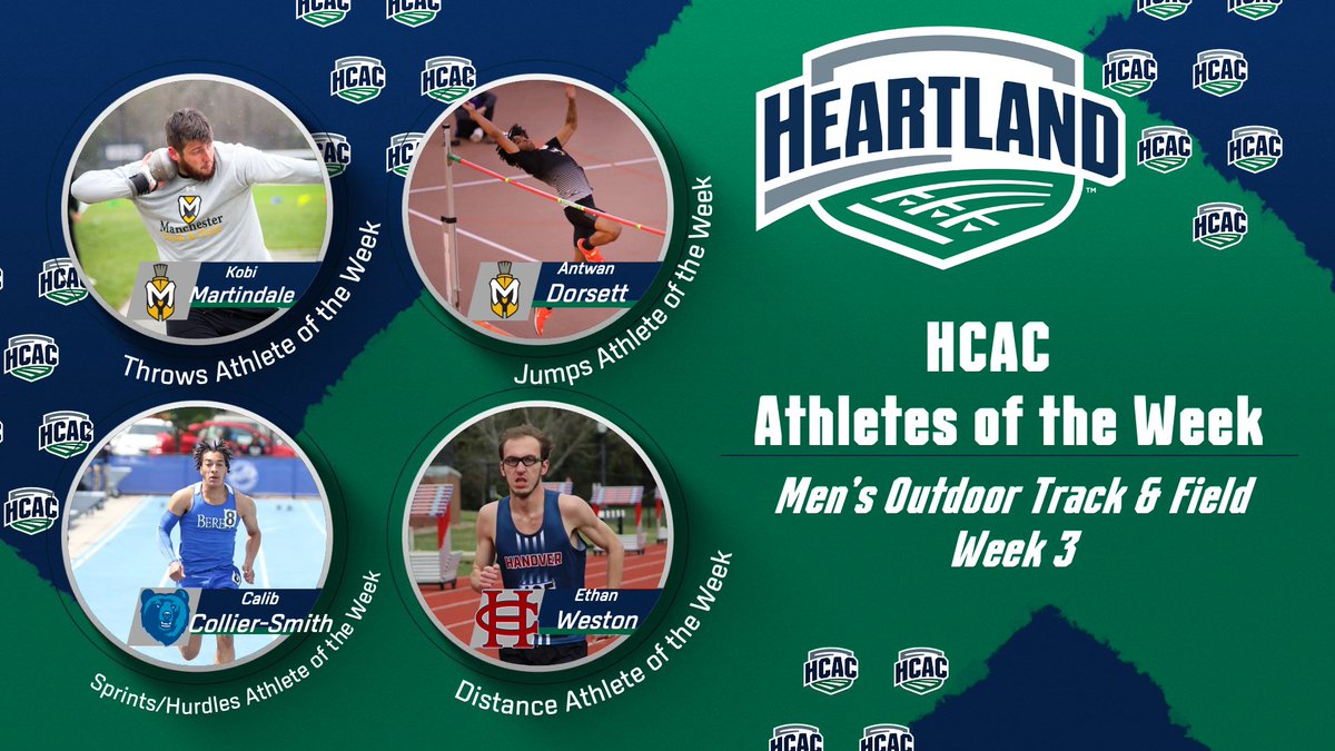 Heartland Collegiate Athletic Conference (@hcacdiii) on Twitter photo HCAC Men's Outdoor Track & Field | Athletes of the Week
Congrats!
Throws: K. Martindale, <a href="/MUSpartans/">Manchester University Athletics</a>
Jumps: A. Dorsett, <a href="/MUSpartans/">Manchester University Athletics</a>
Sprints/Hurdles. C. Collier-Smith, <a href="/Berea_Athletics/">Berea College Athletics</a>
Distance: E. Weston, <a href="/HanoverPanthers/">Hanover Panthers</a>
🔗: tinyurl.com/4vy4ua43
#TheHeartOfD3 | #D3TF HCAC Men's Outdoor Track & Field | Athletes of the Week
Congrats!
Throws: K. Martindale, <a href="/MUSpartans/">Manchester University Athletics</a>
Jumps: A. Dorsett, <a href="/MUSpartans/">Manchester University Athletics</a>
Sprints/Hurdles. C. Collier-Smith, <a href="/Berea_Athletics/">Berea College Athletics</a>
Distance: E. Weston, <a href="/HanoverPanthers/">Hanover Panthers</a>
🔗: tinyurl.com/4vy4ua43
#TheHeartOfD3 | #D3TF