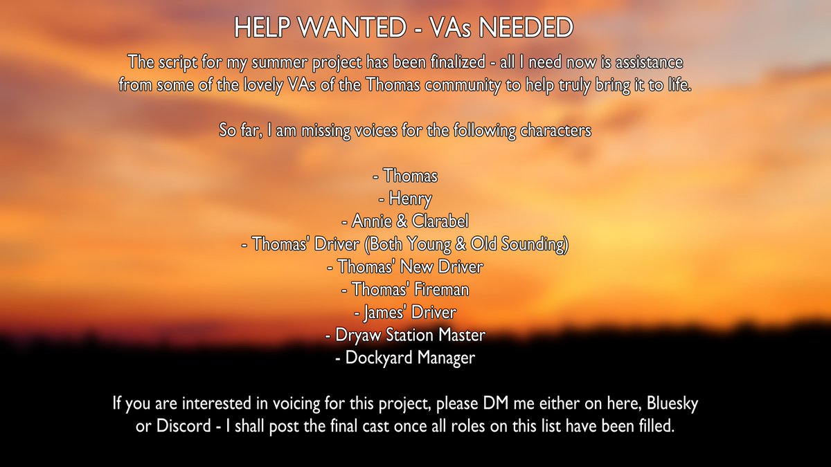 Opening up a cast call for my upcoming Summer project - if you are interested in voicing any of the roles seen here on this list, feel free to DM me.