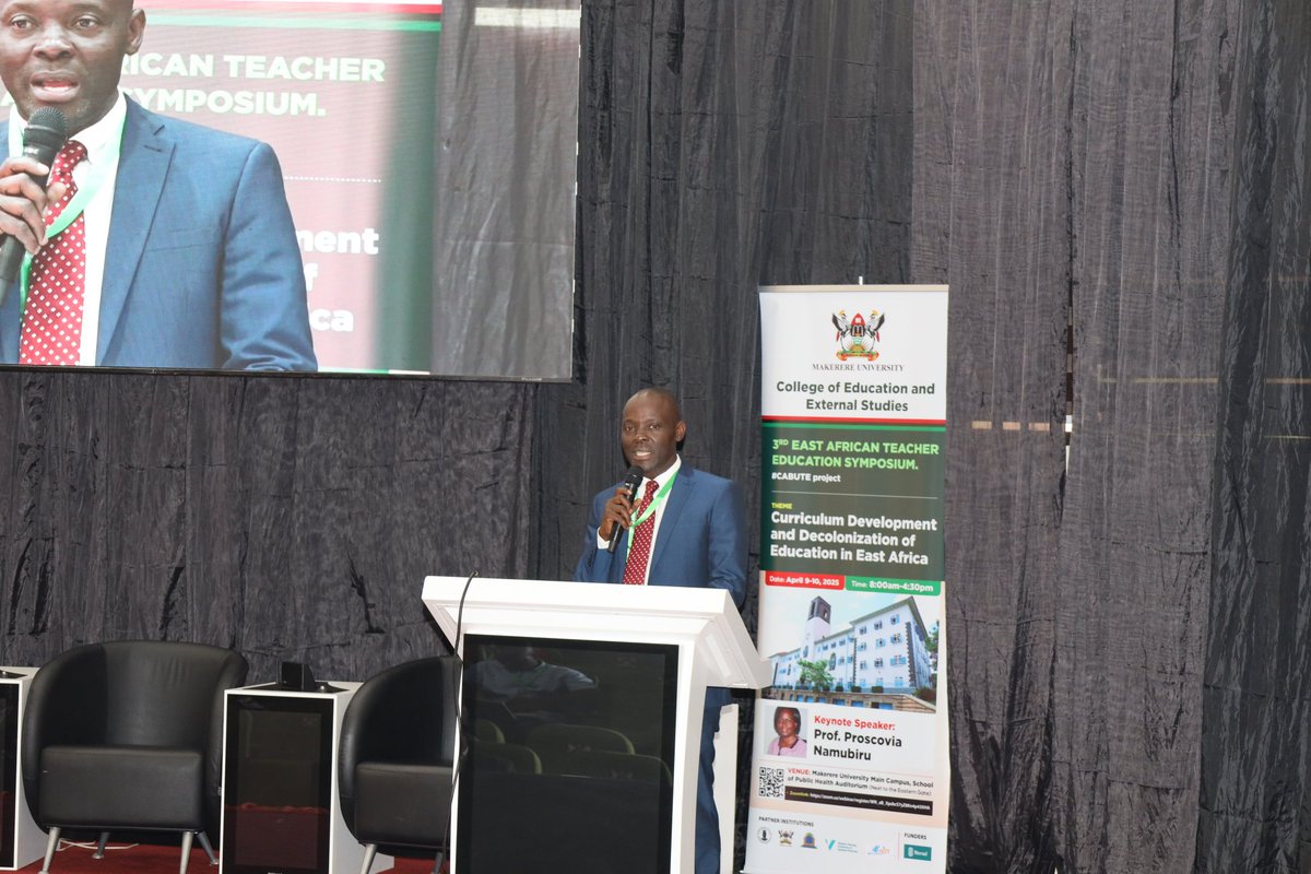 MaKCEES's tweet photo. Prof. Mathias Mulumba, Dean, School of Education @MakCEES highlighted that the theme was thoughtfully chosen to align with curriculum development & learner needs. The Competency Based Curriculum empowers learners to innovate & come up with solutions #EATES2025 #CABUTE https://t.co/wXlftjDVHR
