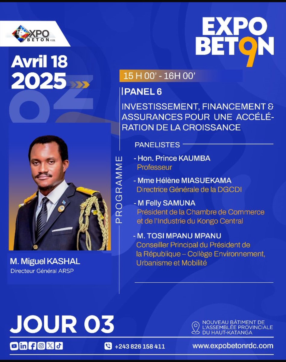 *EXPOBETON 9 - JOUR 3 | 18 avril 2025*

M. Miguel KASHAL, Directeur Général de l’ARSP, présidera le panel 6 où il abordera le sujet relatif au : *« Bilan et évaluations de la politique de la création des capitaines d’entreprises »*

• Heure : 15H00 - 16H00
• Intervenants :